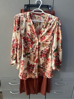 JODIFL Cream Floral V-Neck Blouse with Red & Green Accents